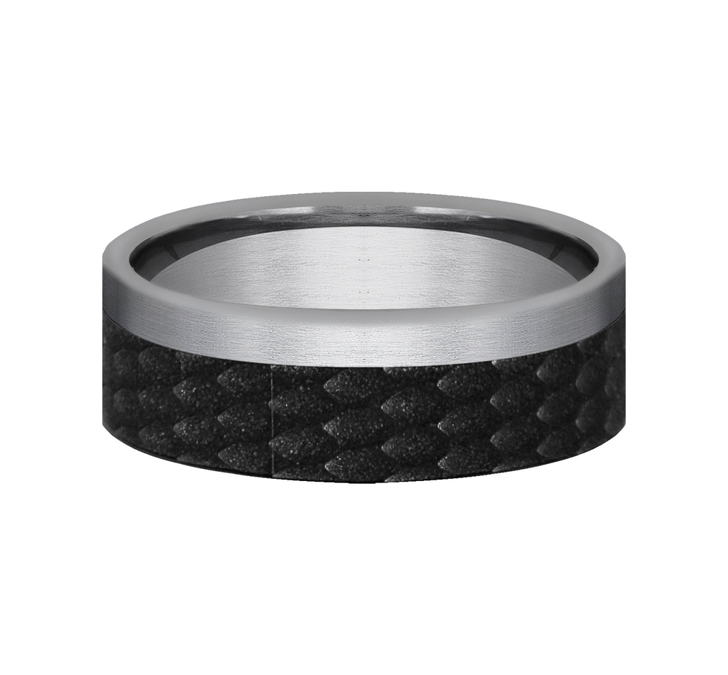 THE TALON 7mm, Comfort fit, Grey Tantalum and Black Titanium, Dragon scale pattern, one satin edge