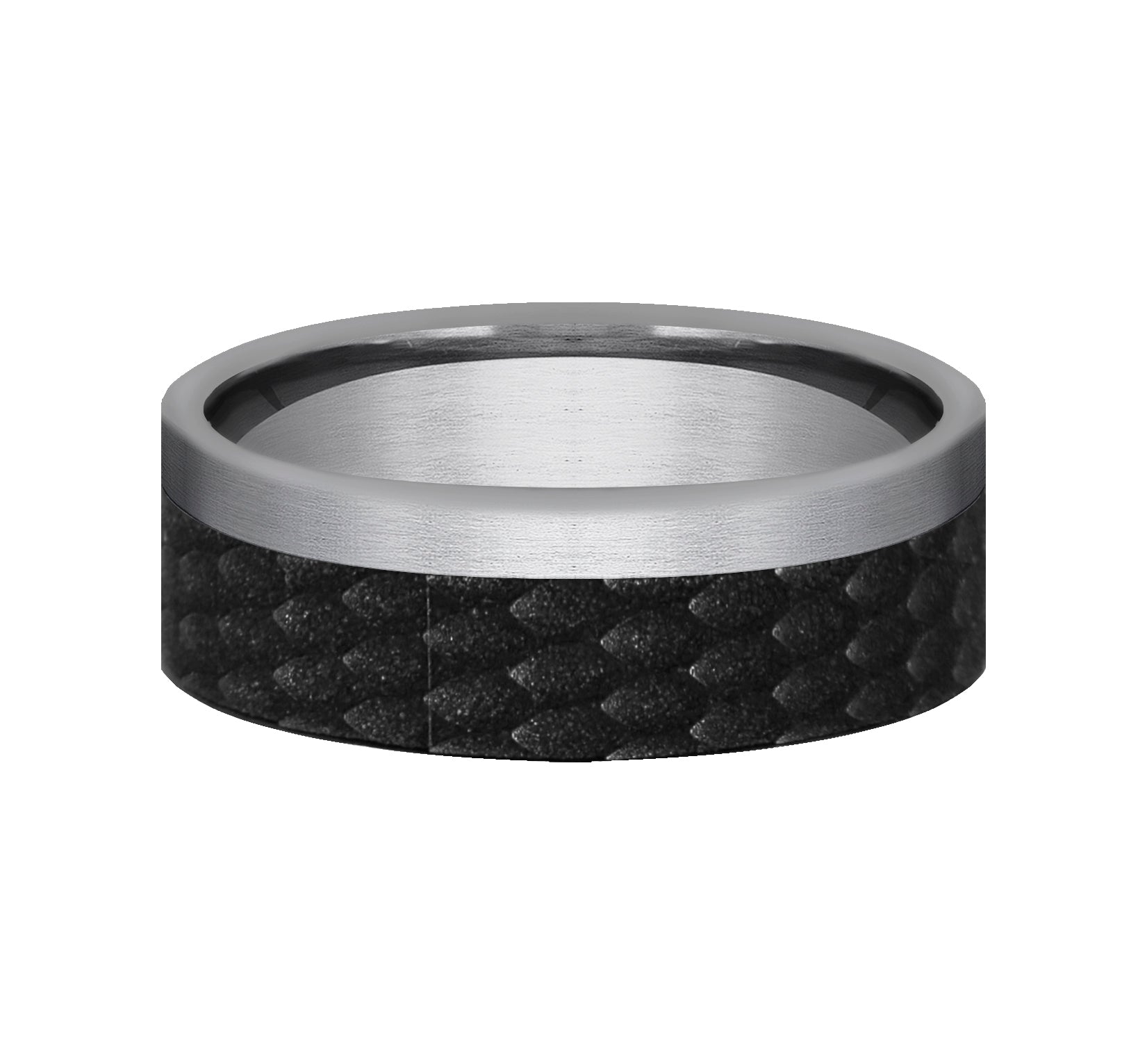 THE TALON 7mm, Comfort fit, Grey Tantalum and Black Titanium, Dragon scale pattern, one satin edge