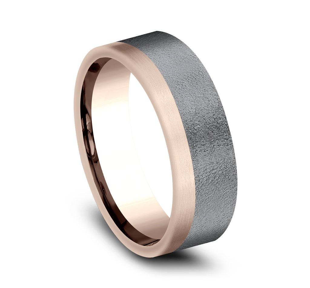 THE GAUGE 7mm, Comfort fit, 14K Rose Gold and Darkened Tantlaum, Wire brush finish, one satin edge