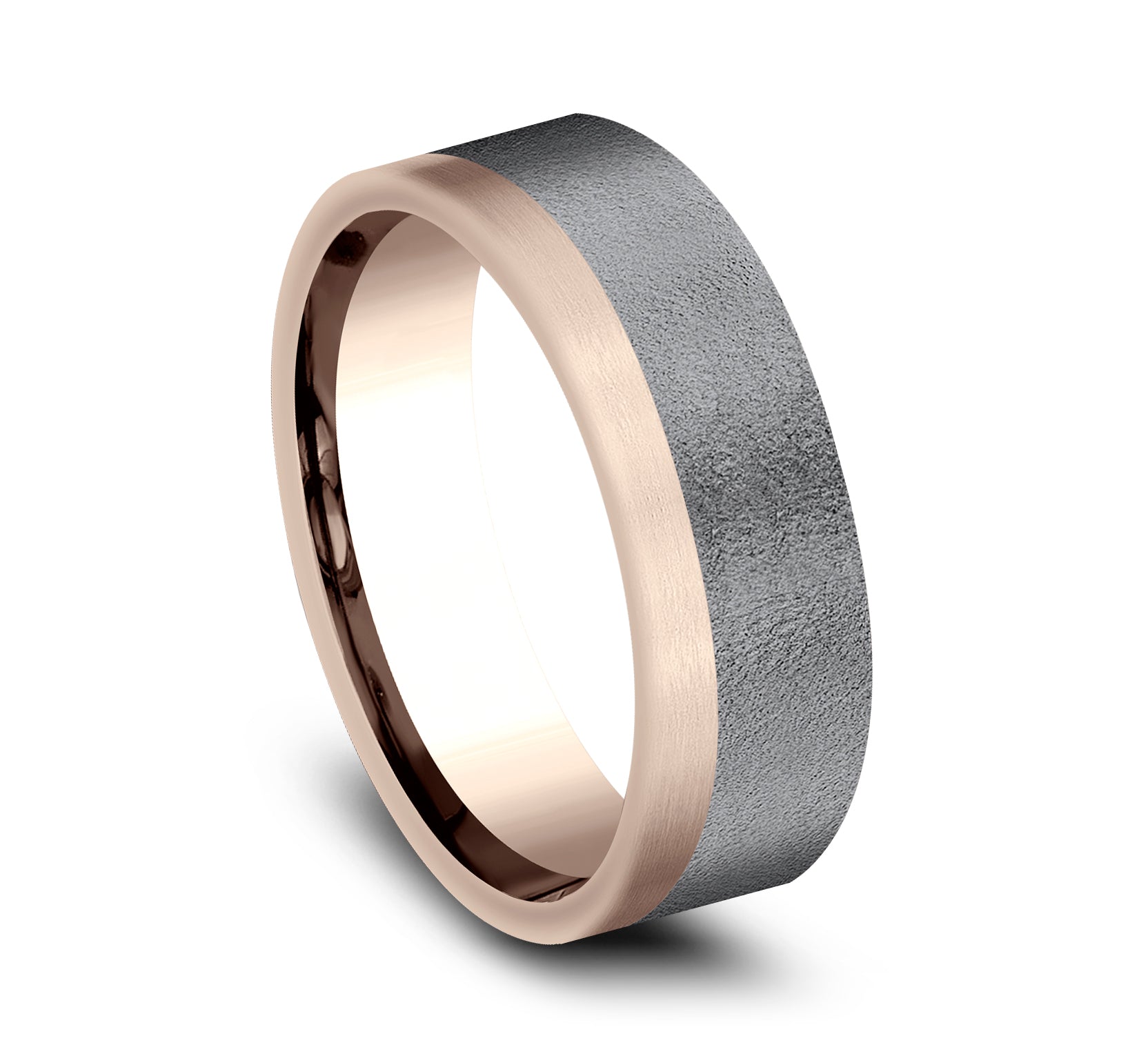 THE GAUGE 7mm, Comfort fit, 14K Rose Gold and Darkened Tantlaum, Wire brush finish, one satin edge