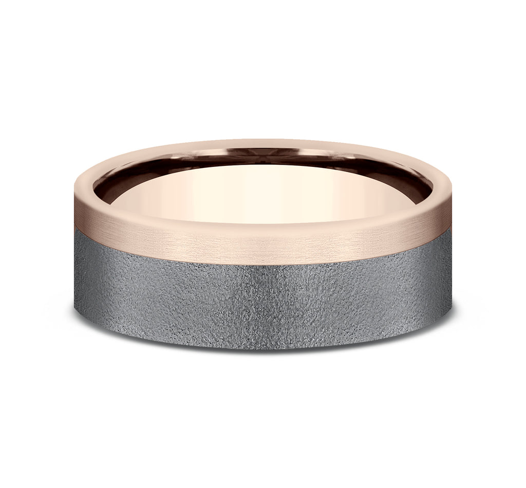 THE GAUGE 7mm, Comfort fit, 14K Rose Gold and Darkened Tantlaum, Wire brush finish, one satin edge