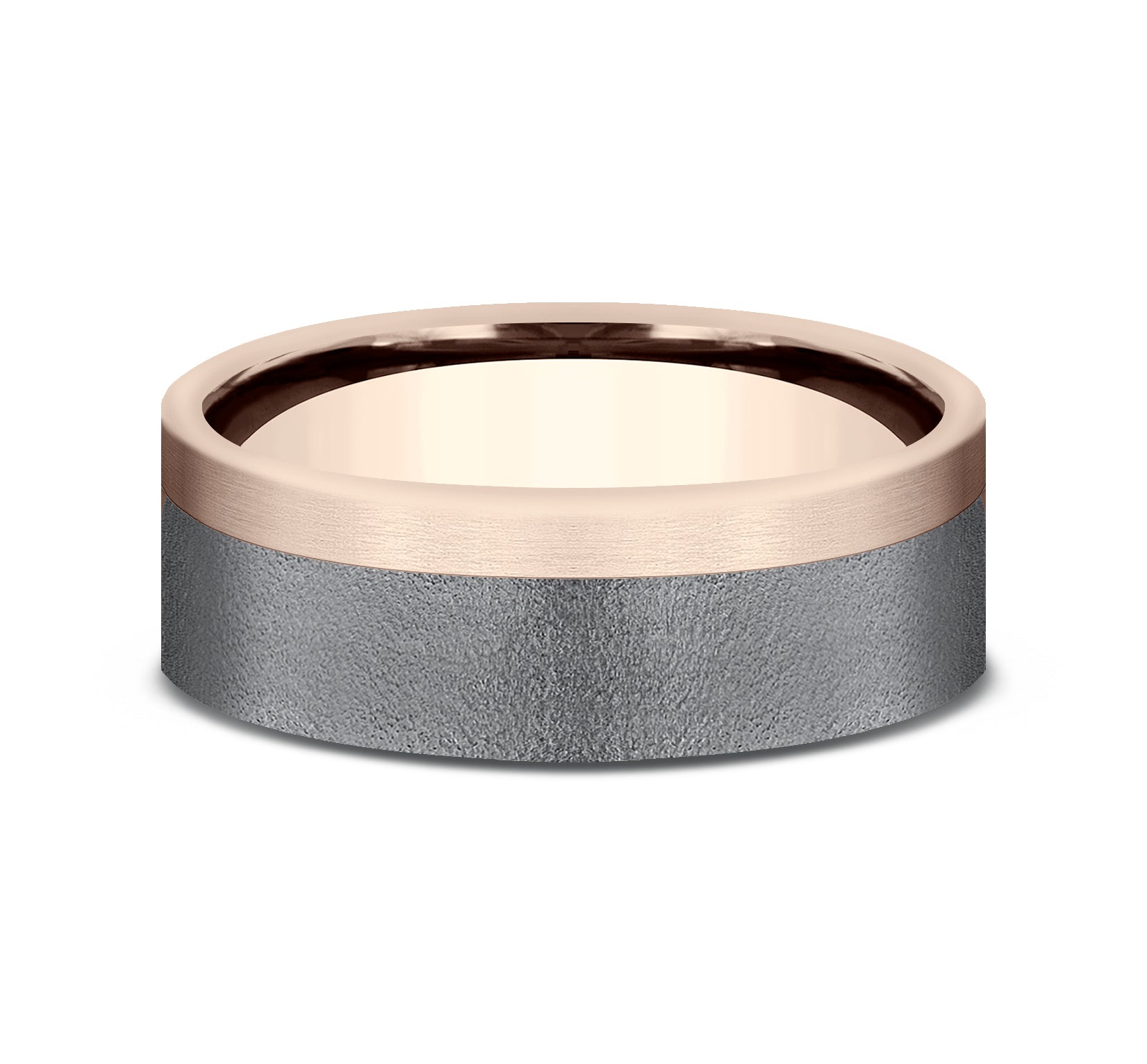 THE GAUGE 7mm, Comfort fit, 14K Rose Gold and Darkened Tantlaum, Wire brush finish, one satin edge