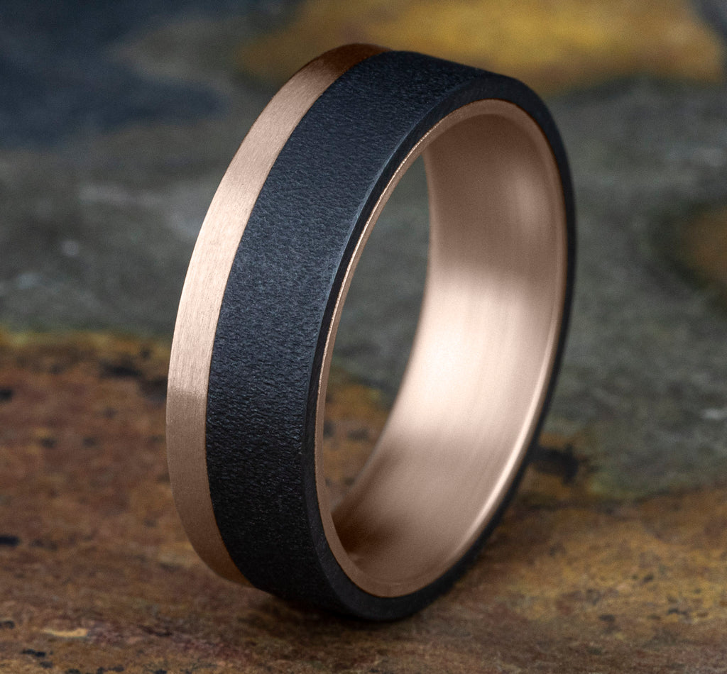 THE GAUGE 7mm, Comfort fit, 14K Rose Gold and Darkened Tantlaum, Wire brush finish, one satin edge
