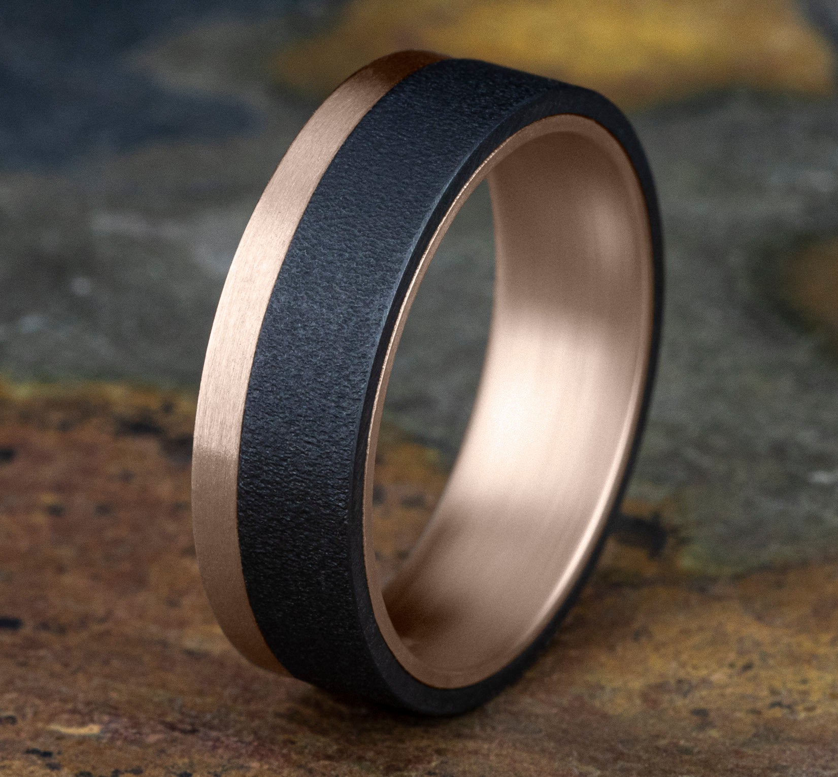 THE GAUGE 7mm, Comfort fit, 14K Rose Gold and Darkened Tantlaum, Wire brush finish, one satin edge