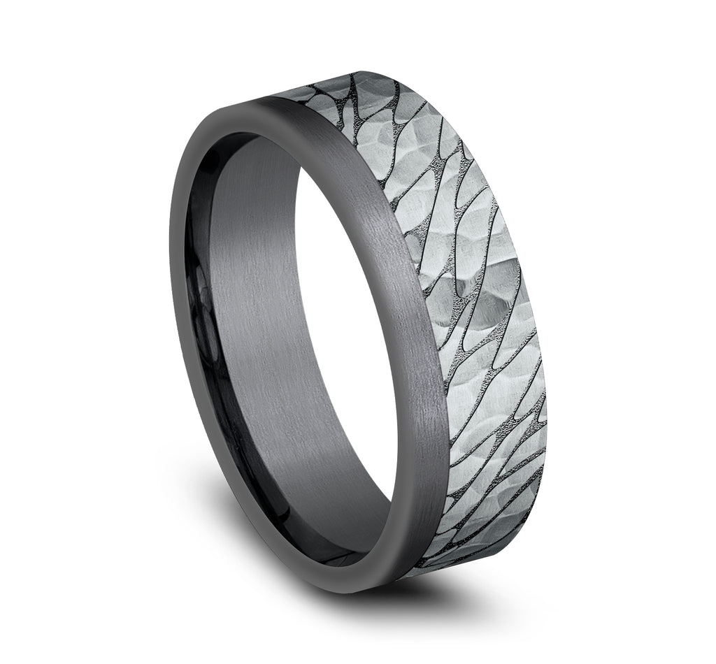 THE CASPIAN 7mm, Comfort fit, Darkened Tantlaum and 14K White Gold, Pebble pattern with hammered finish, one satin edge