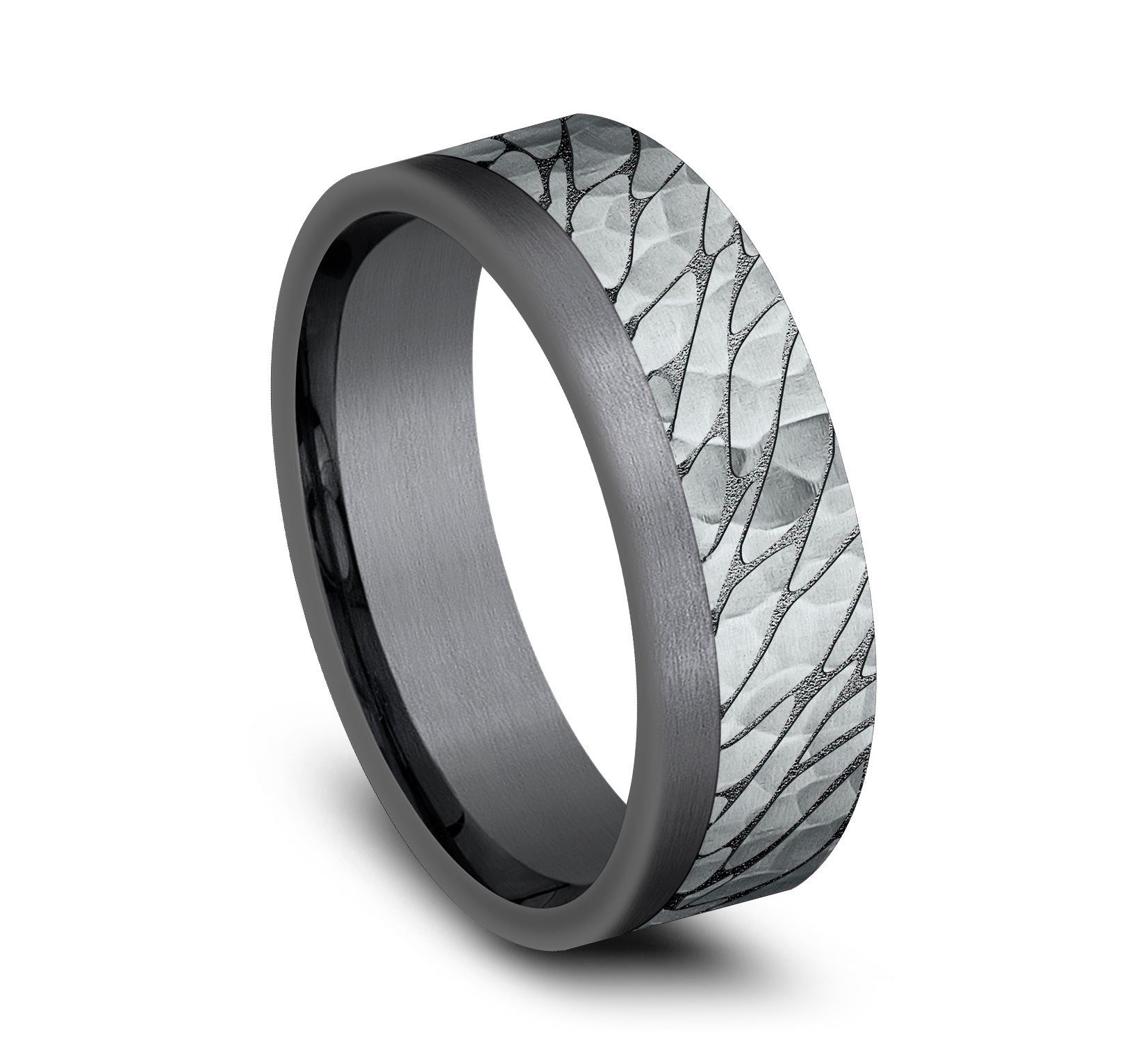 THE CASPIAN 7mm, Comfort fit, Darkened Tantlaum and 14K White Gold, Pebble pattern with hammered finish, one satin edge