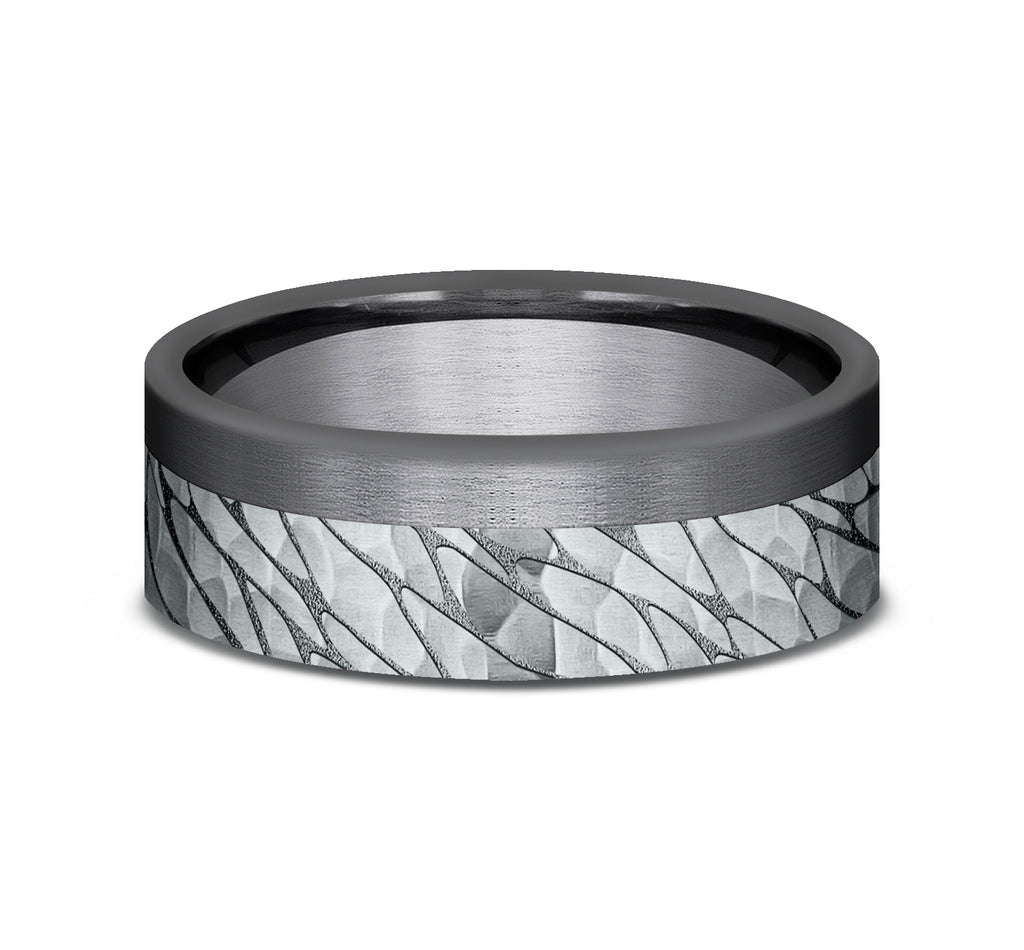 THE CASPIAN 7mm, Comfort fit, Darkened Tantlaum and 14K White Gold, Pebble pattern with hammered finish, one satin edge