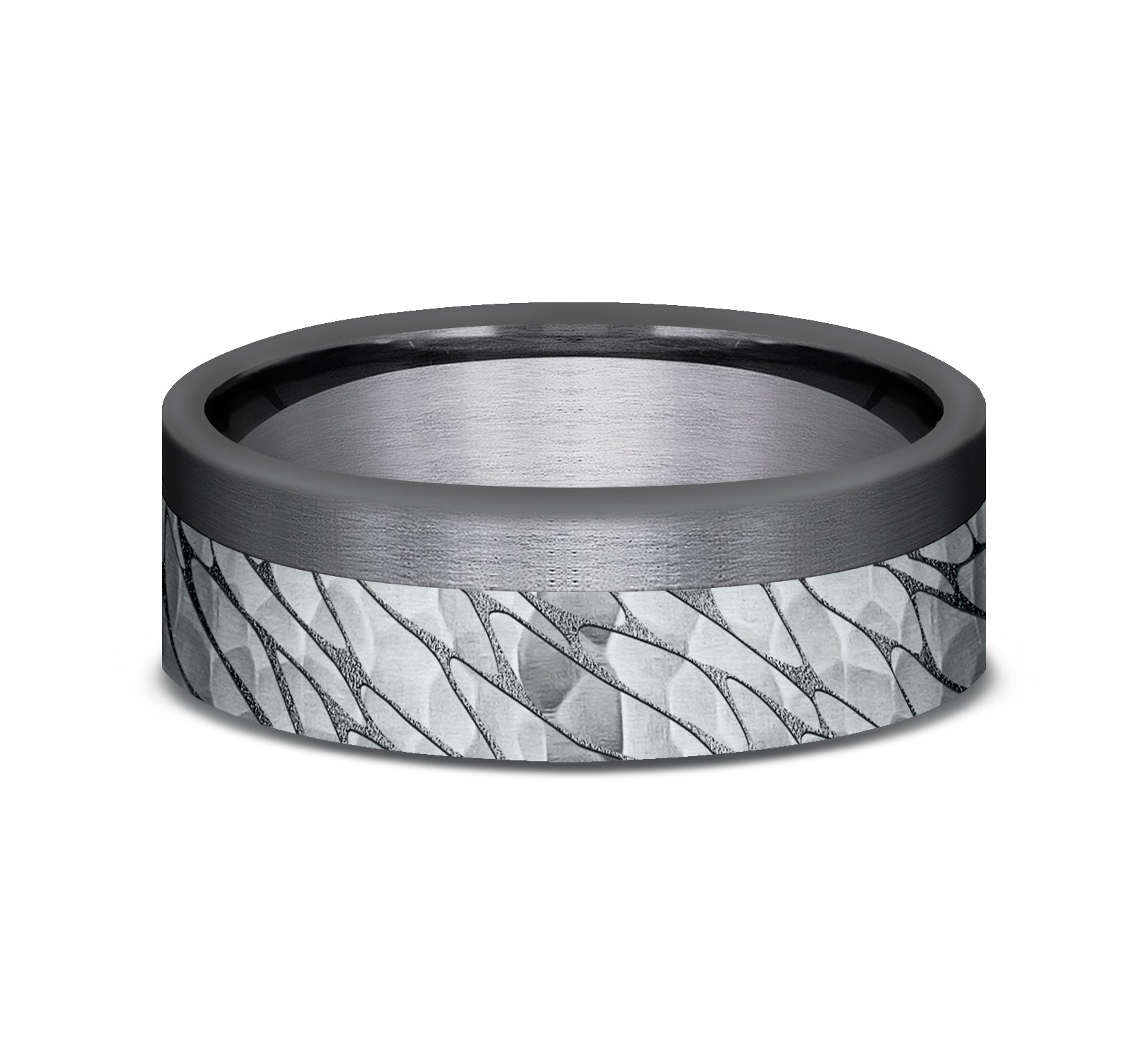 THE CASPIAN 7mm, Comfort fit, Darkened Tantlaum and 14K White Gold, Pebble pattern with hammered finish, one satin edge