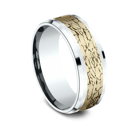 THE LEGEND 8mm, Comfort fit, 14K White and Yellow Gold, Fractured rock pattern, polished bevel edges