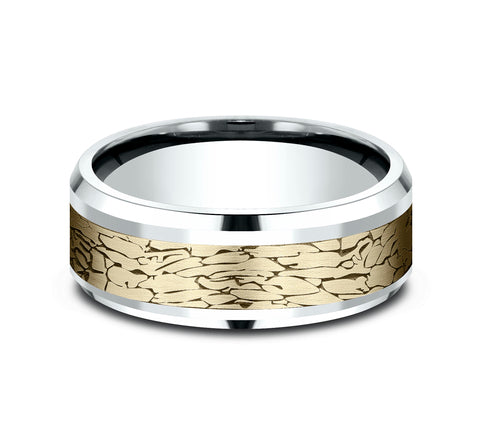 THE LEGEND 8mm, Comfort fit, 14K White and Yellow Gold, Fractured rock pattern, polished bevel edges