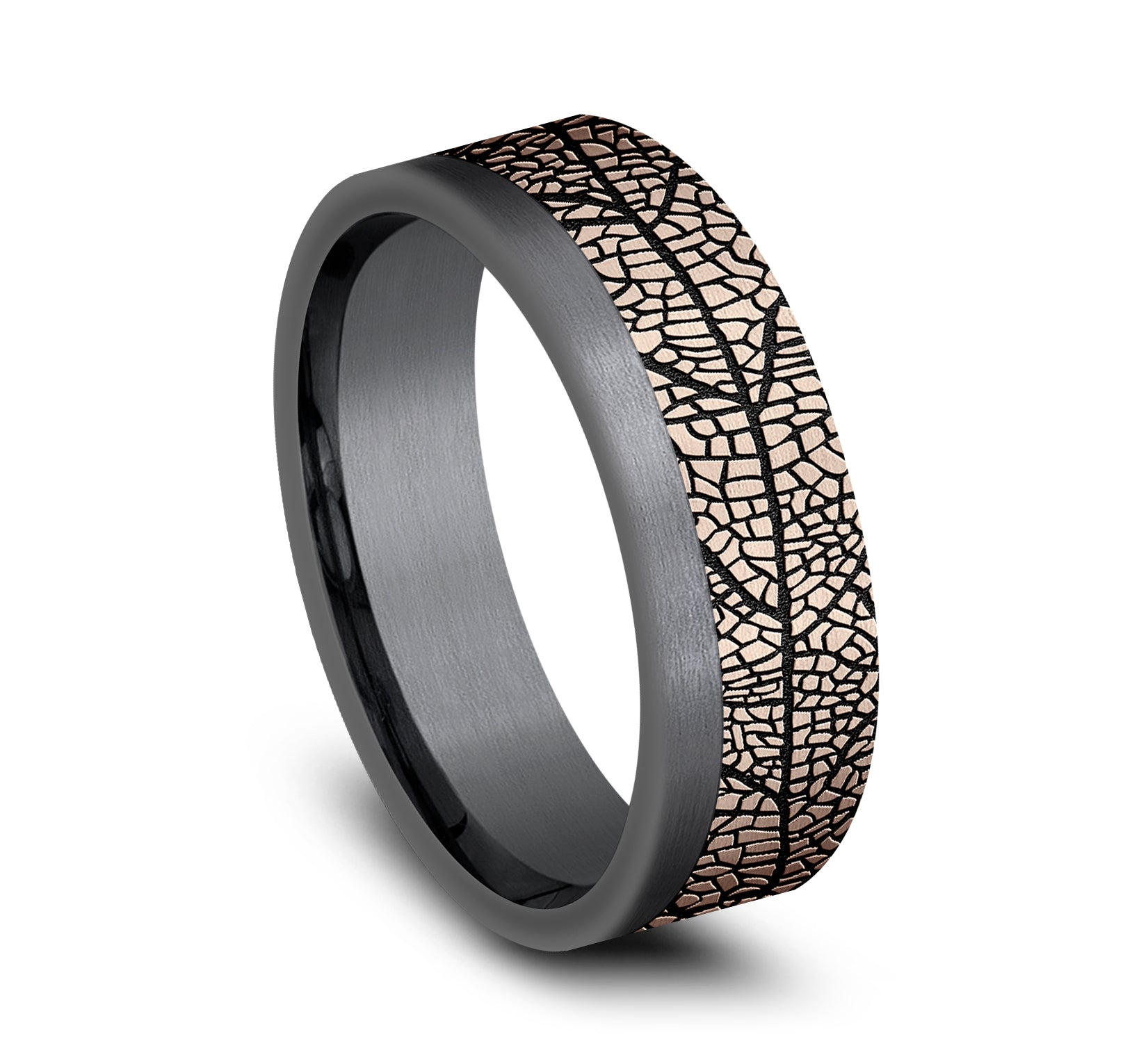 THE OZARK 7mm, Comfort fit, 14K Rose Gold and Darkened Tantalum, Leaf pattern