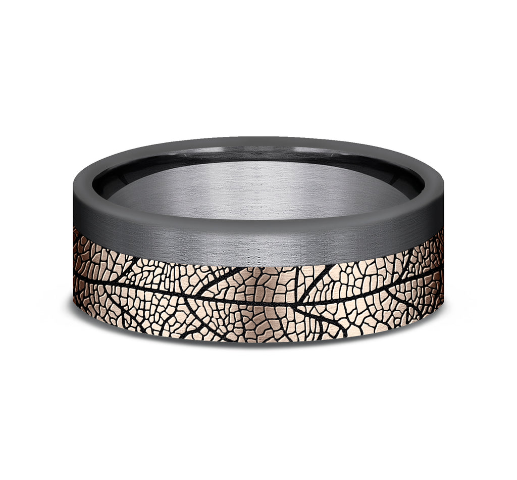 THE OZARK 7mm, Comfort fit, 14K Rose Gold and Darkened Tantalum, Leaf pattern
