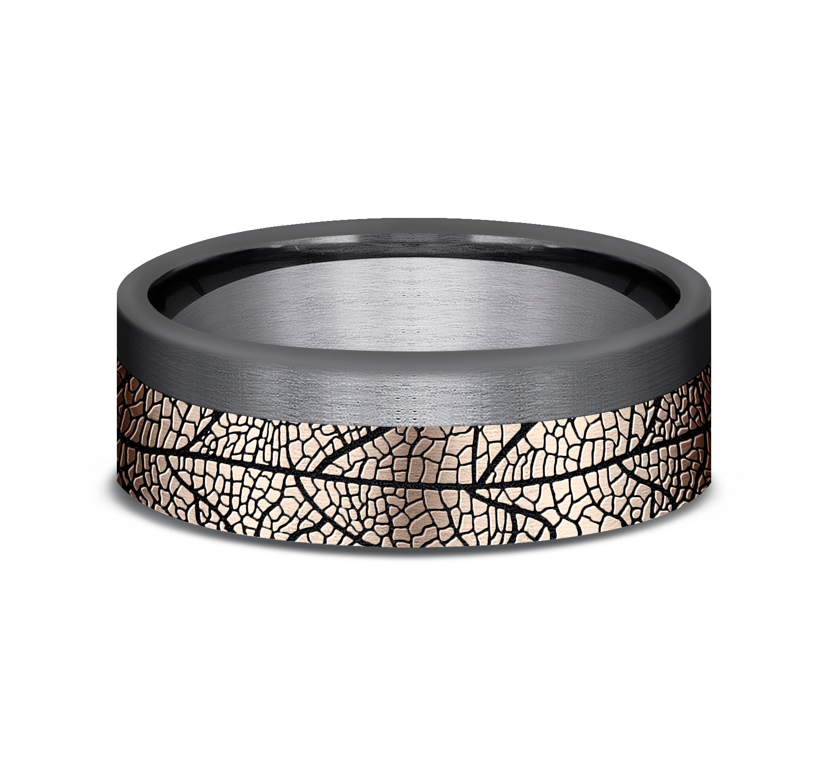 THE OZARK 7mm, Comfort fit, 14K Rose Gold and Darkened Tantalum, Leaf pattern