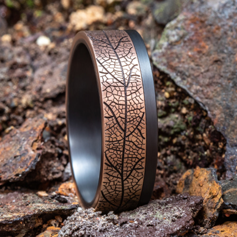 THE OZARK 7mm, Comfort fit, 14K Rose Gold and Darkened Tantalum, Leaf pattern