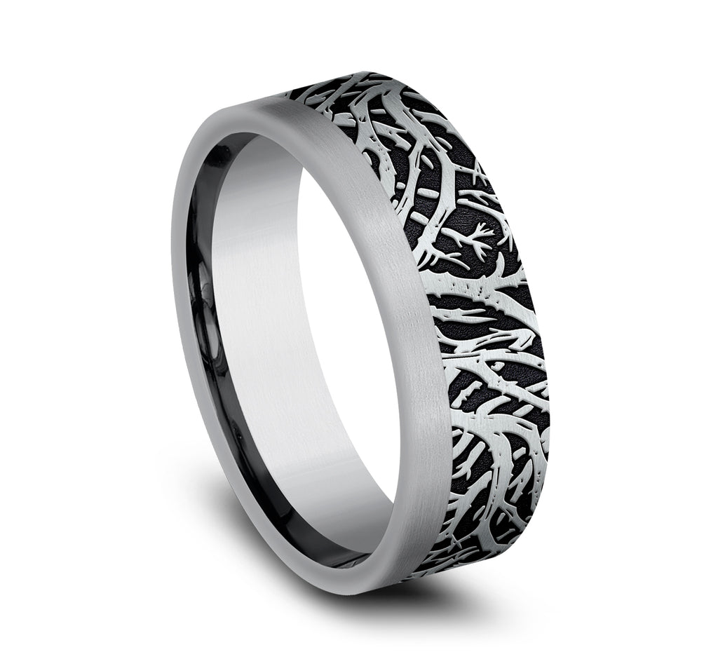 THE GUNNISON 7mm, Comfort fit, 14K White Gold and Grey Tantalum, Forest branch pattern, one satin edge