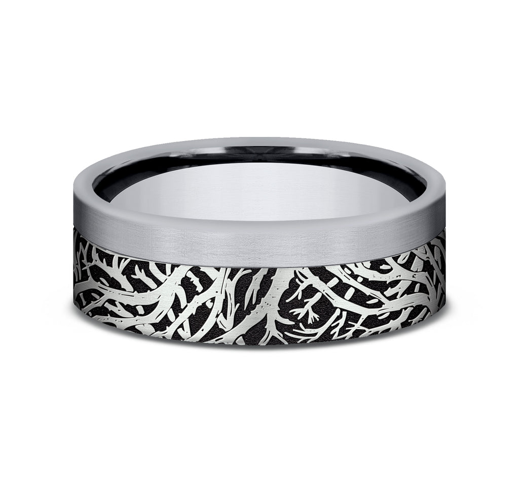 THE GUNNISON 7mm, Comfort fit, 14K White Gold and Grey Tantalum, Forest branch pattern, one satin edge