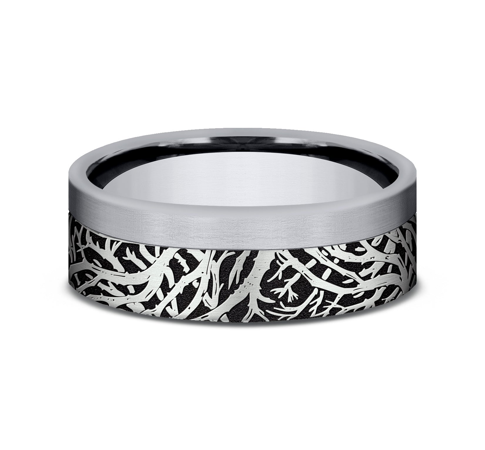 THE GUNNISON 7mm, Comfort fit, 14K White Gold and Grey Tantalum, Forest branch pattern, one satin edge