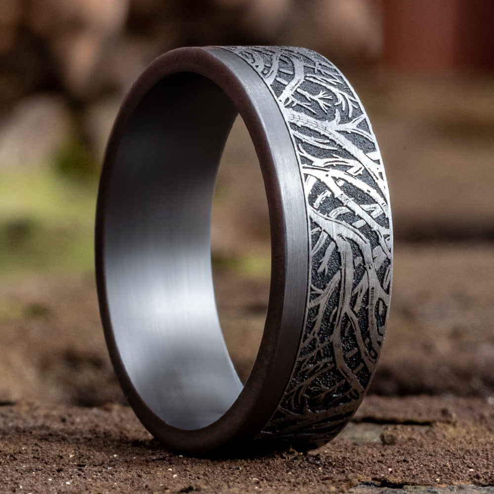 THE GUNNISON 7mm, Comfort fit, 14K White Gold and Grey Tantalum, Forest branch pattern, one satin edge