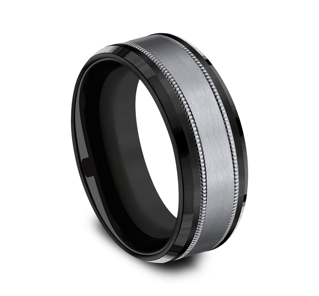 THE PROFESSOR 8mm, Comfort fit, Black Titanium and Grey Tantalum, Satin center, milgrain detailing, polished bevel edges