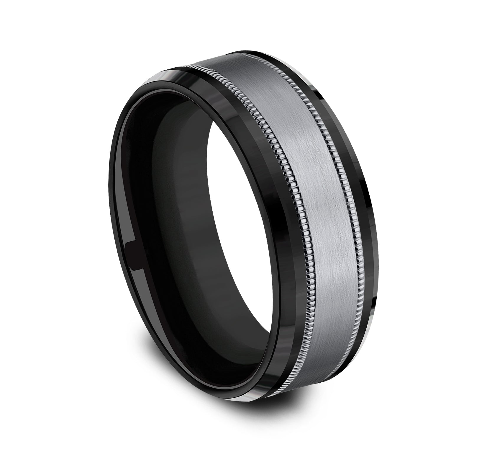 THE PROFESSOR 8mm, Comfort fit, Black Titanium and Grey Tantalum, Satin center, milgrain detailing, polished bevel edges