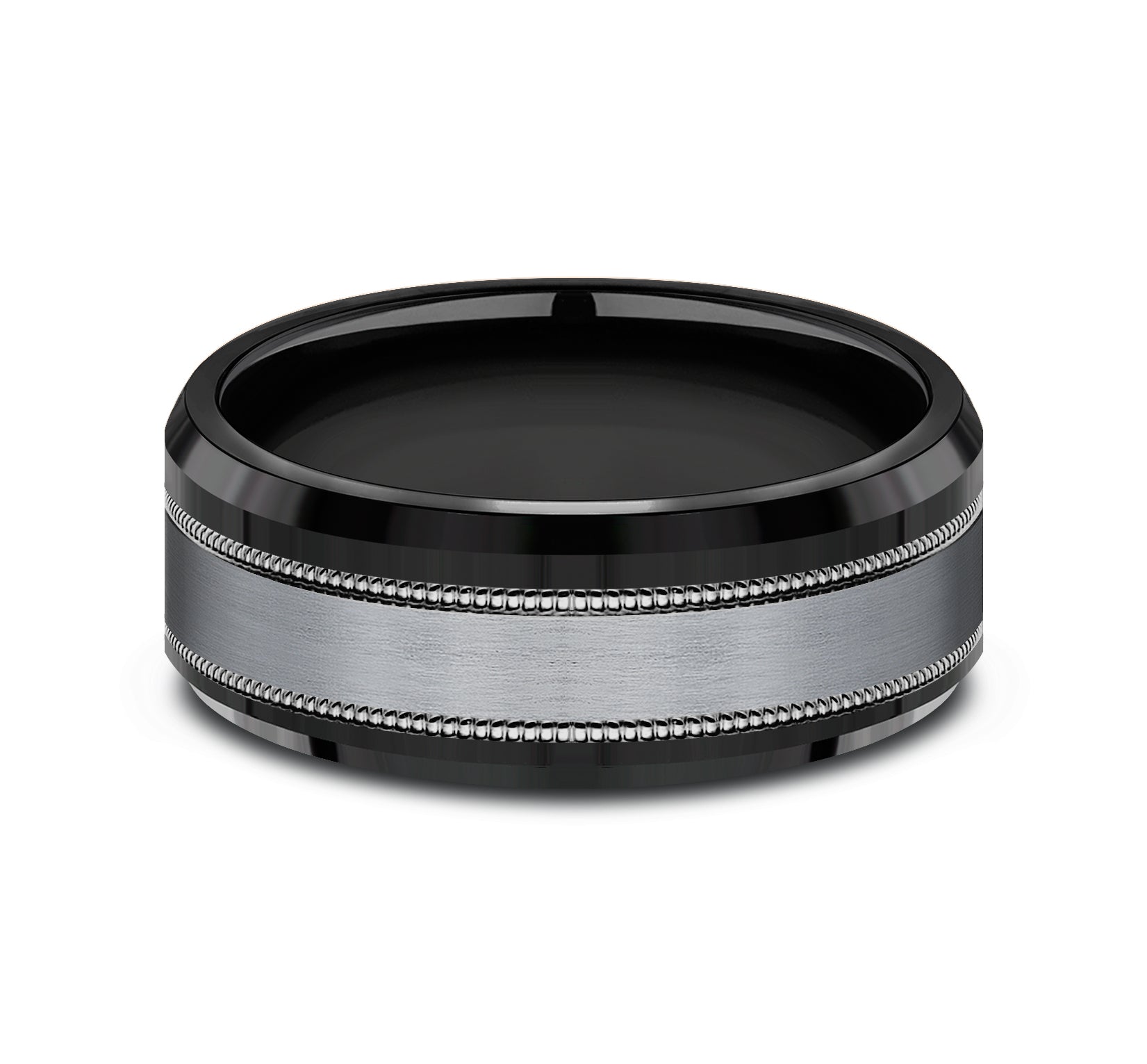 THE PROFESSOR 8mm, Comfort fit, Black Titanium and Grey Tantalum, Satin center, milgrain detailing, polished bevel edges