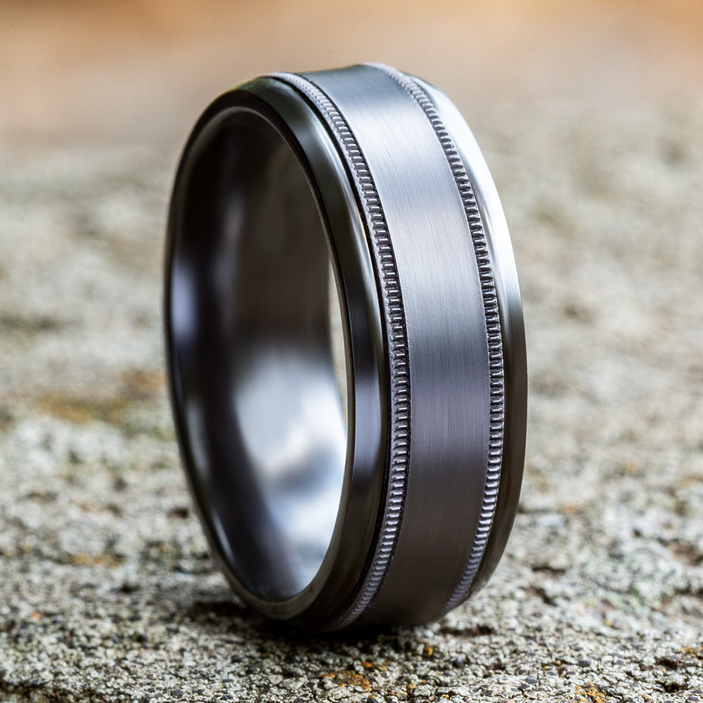 THE PROFESSOR 8mm, Comfort fit, Black Titanium and Grey Tantalum, Satin center, milgrain detailing, polished bevel edges