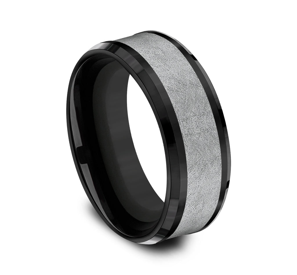 THE KNIGHT 8mm, Comfort fit, Black Titanium and Grey Tantalum , Swirl center, polished drop bevel edges
