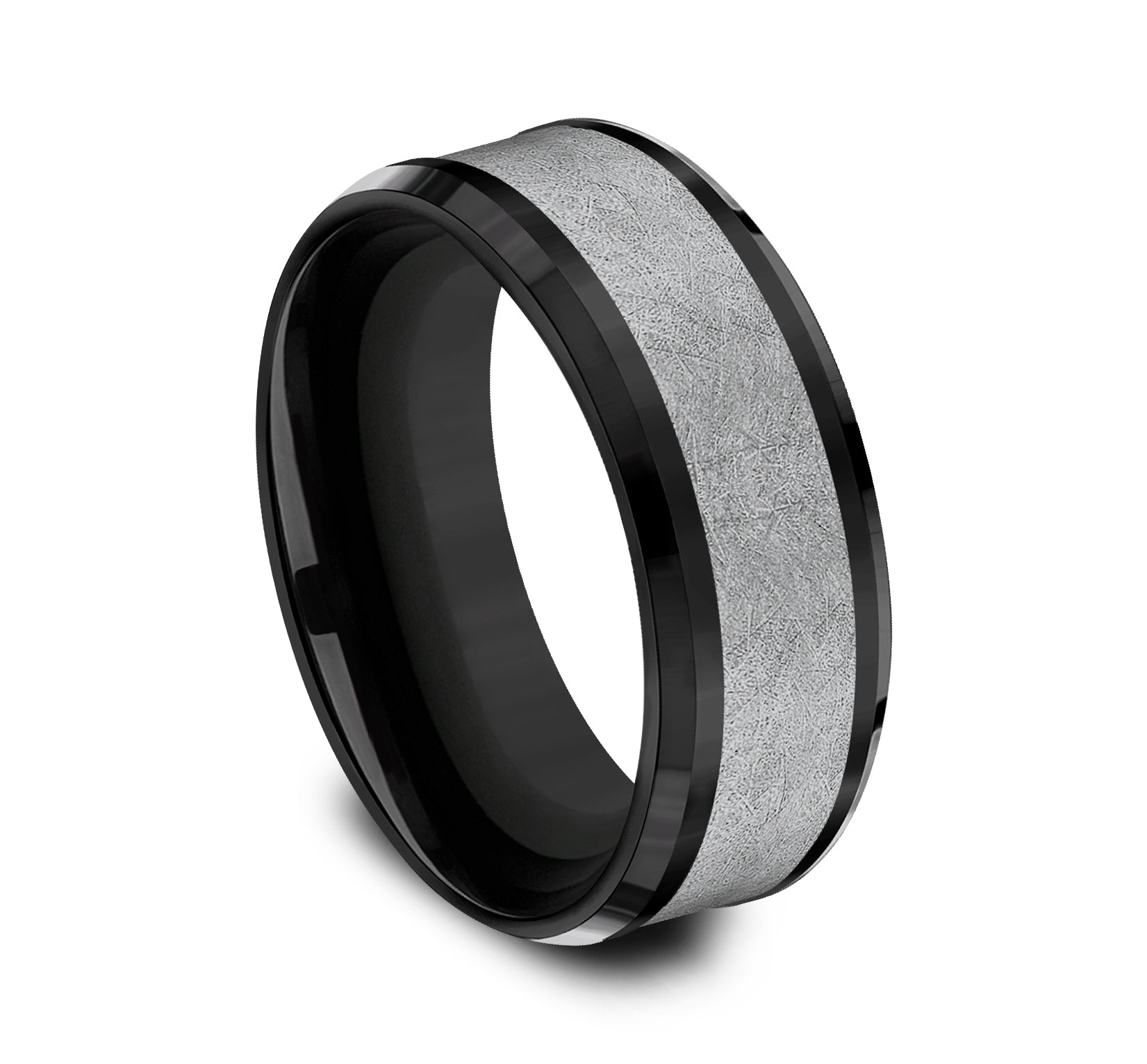 THE KNIGHT 8mm, Comfort fit, Black Titanium and Grey Tantalum , Swirl center, polished drop bevel edges