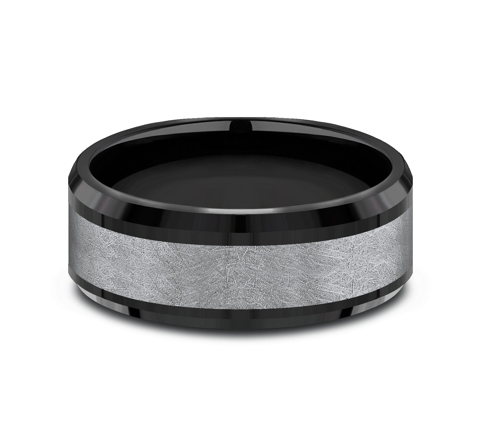 THE KNIGHT 8mm, Comfort fit, Black Titanium and Grey Tantalum , Swirl center, polished drop bevel edges