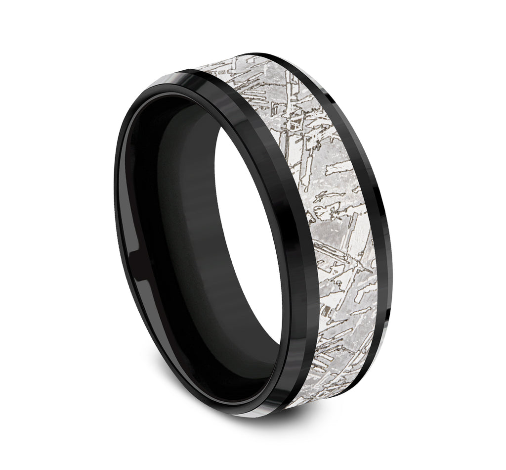 THE MATRIX 8mm, Comfort fit, Black Titanium and Grey Tantalum, Meteorite patterned center, polished bevel edges