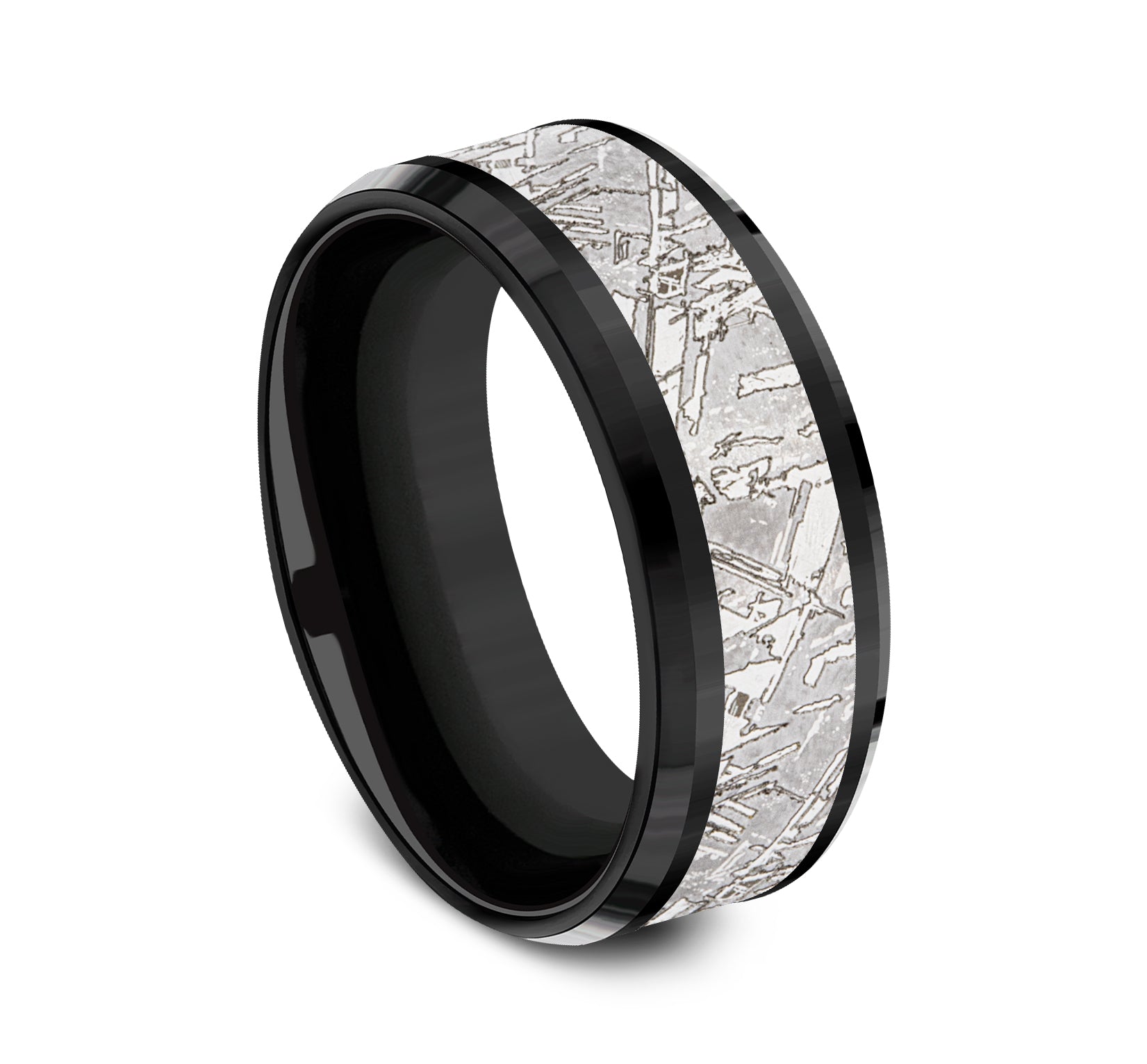 THE MATRIX 8mm, Comfort fit, Black Titanium and Grey Tantalum, Meteorite patterned center, polished bevel edges