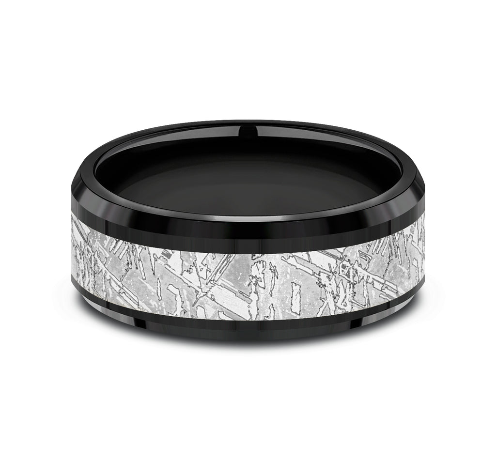 THE MATRIX 8mm, Comfort fit, Black Titanium and Grey Tantalum, Meteorite patterned center, polished bevel edges