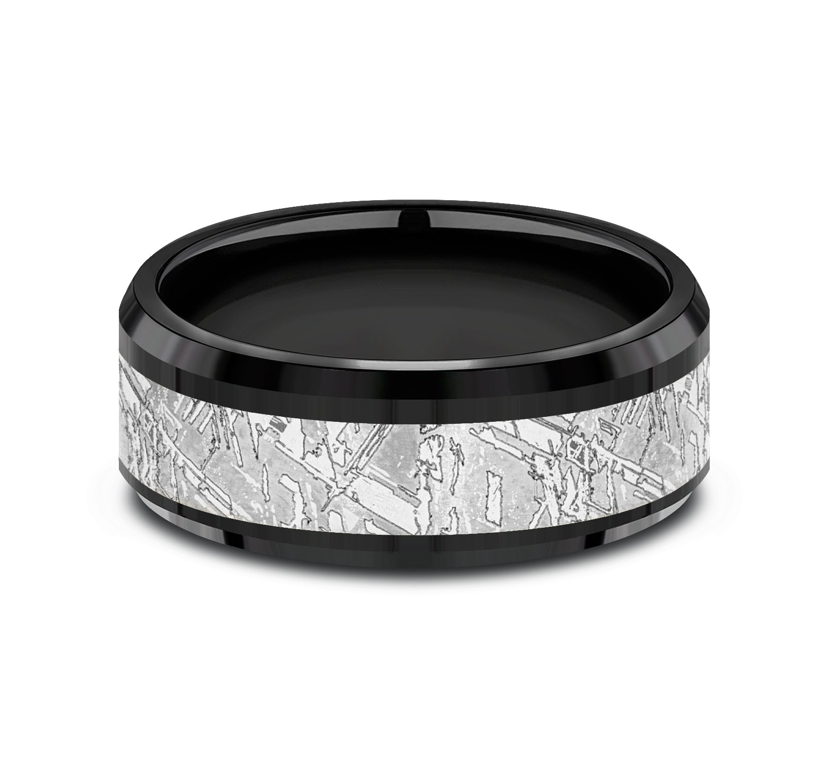 THE MATRIX 8mm, Comfort fit, Black Titanium and Grey Tantalum, Meteorite patterned center, polished bevel edges
