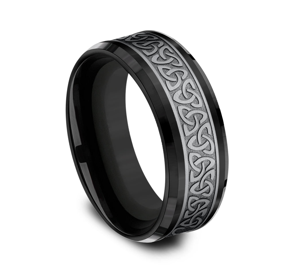 THE GALWAY 8mm, Comfort fit, Grey Tantalum and Black Titanium, Celtic knot pattern, polished drop bevel edges