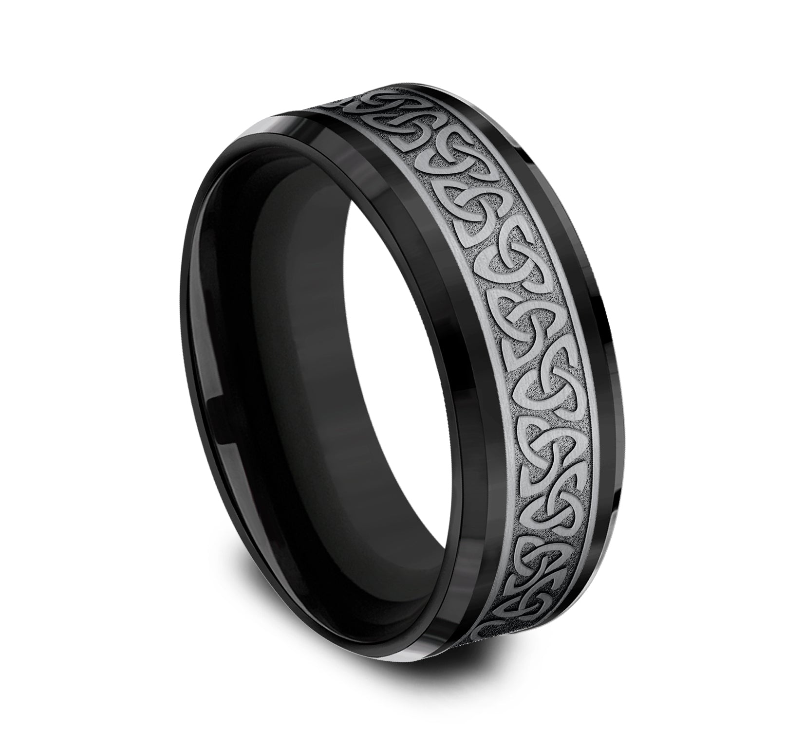 THE GALWAY 8mm, Comfort fit, Grey Tantalum and Black Titanium, Celtic knot pattern, polished drop bevel edges