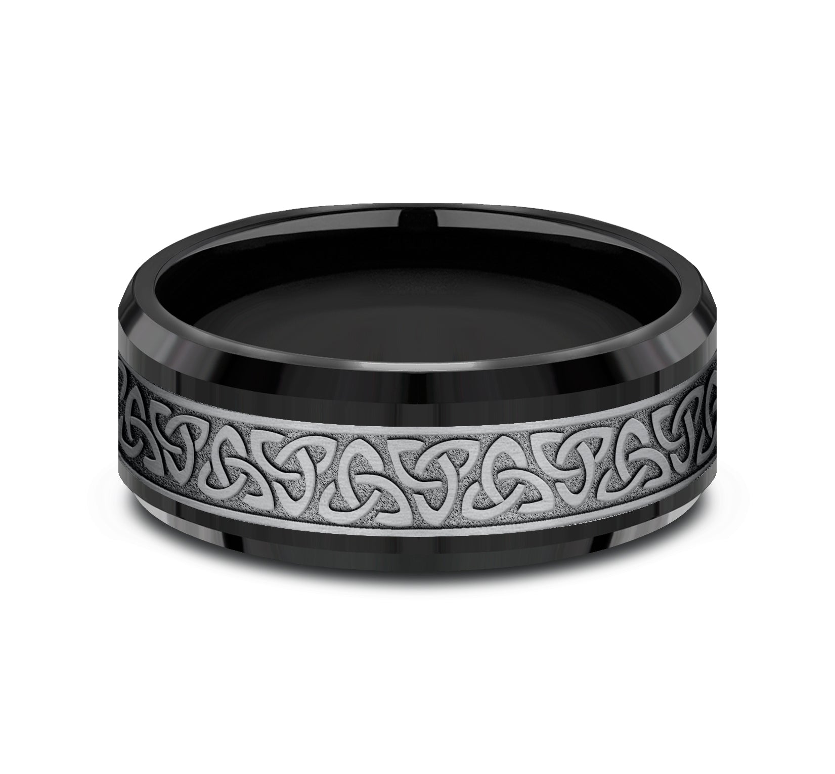 THE GALWAY 8mm, Comfort fit, Grey Tantalum and Black Titanium, Celtic knot pattern, polished drop bevel edges