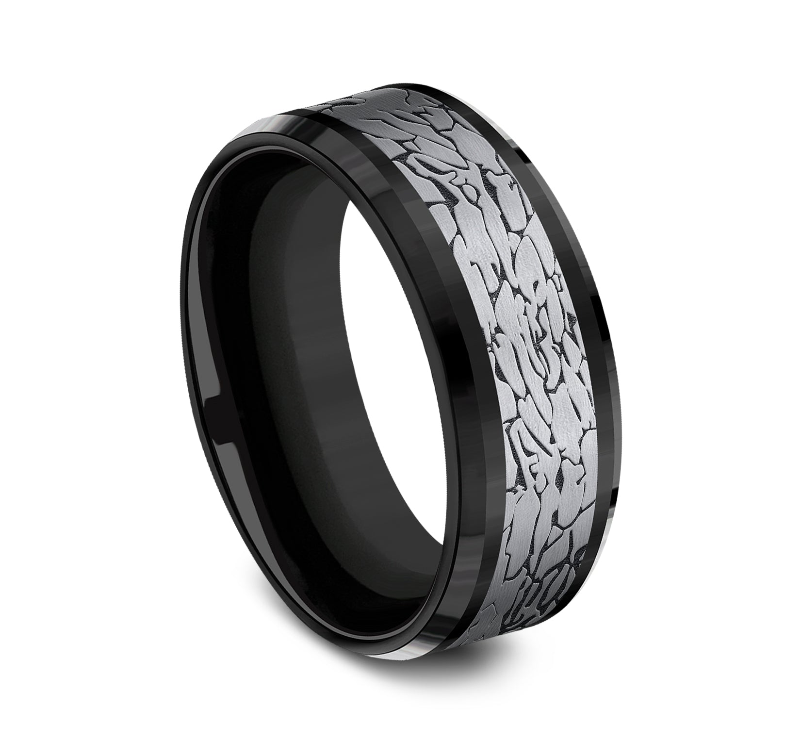 THE LEGEND 8mm, Comfort fit, Black Titanium and Grey Tantalum, Fractured rock pattern, polished bevel edges
