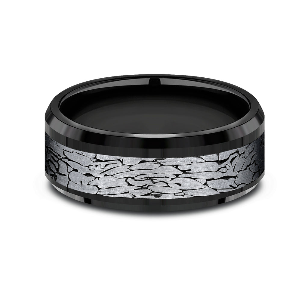 THE LEGEND 8mm, Comfort fit, Black Titanium and Grey Tantalum, Fractured rock pattern, polished bevel edges