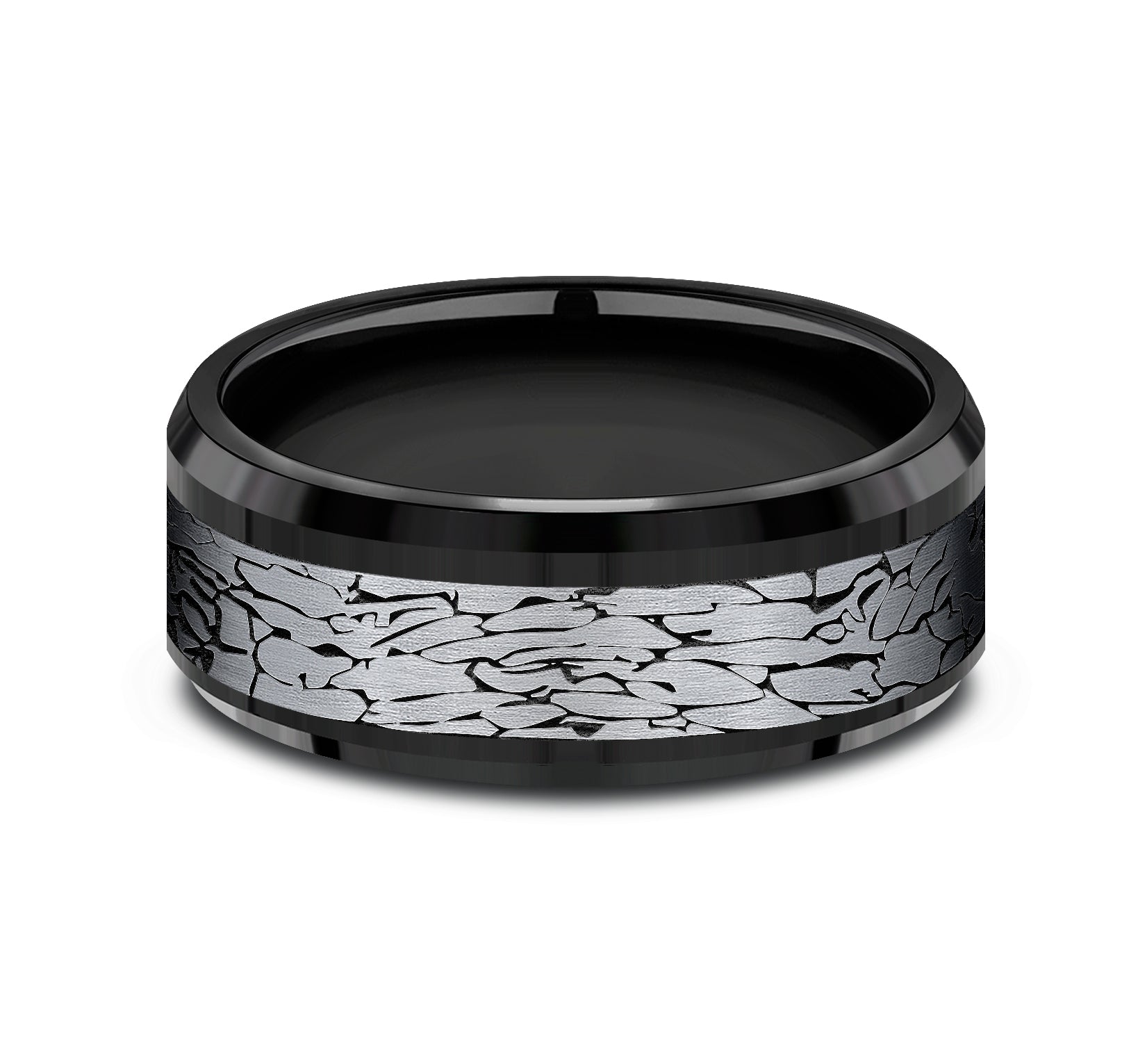 THE LEGEND 8mm, Comfort fit, Black Titanium and Grey Tantalum, Fractured rock pattern, polished bevel edges