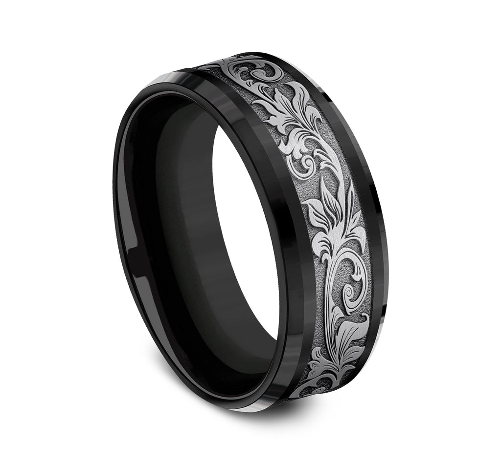 THE ROYAL 8mm, Comfort fit, Black Titanium and Grey Tantalum, Vintage script pattern, polished drop bevel edges