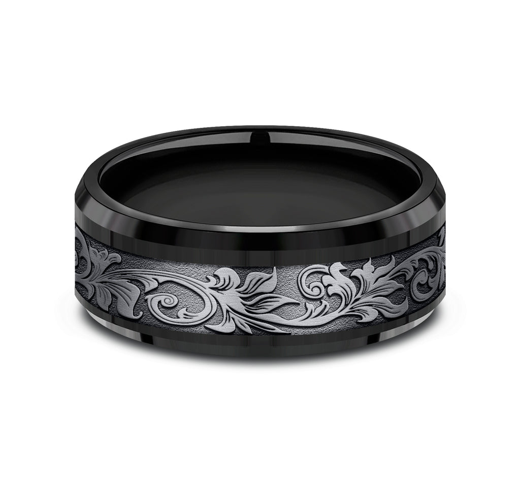 THE ROYAL 8mm, Comfort fit, Black Titanium and Grey Tantalum, Vintage script pattern, polished drop bevel edges