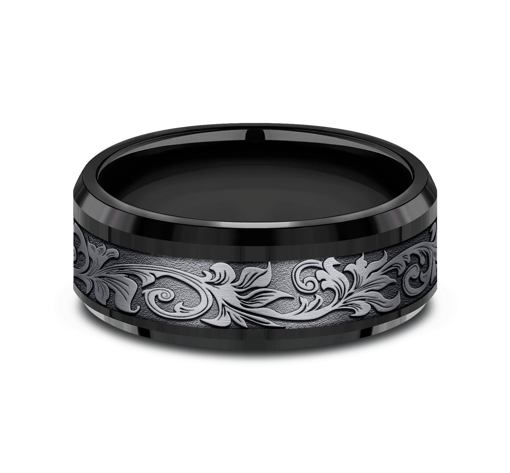 THE ROYAL 8mm, Comfort fit, Black Titanium and Grey Tantalum, Vintage script pattern, polished drop bevel edges