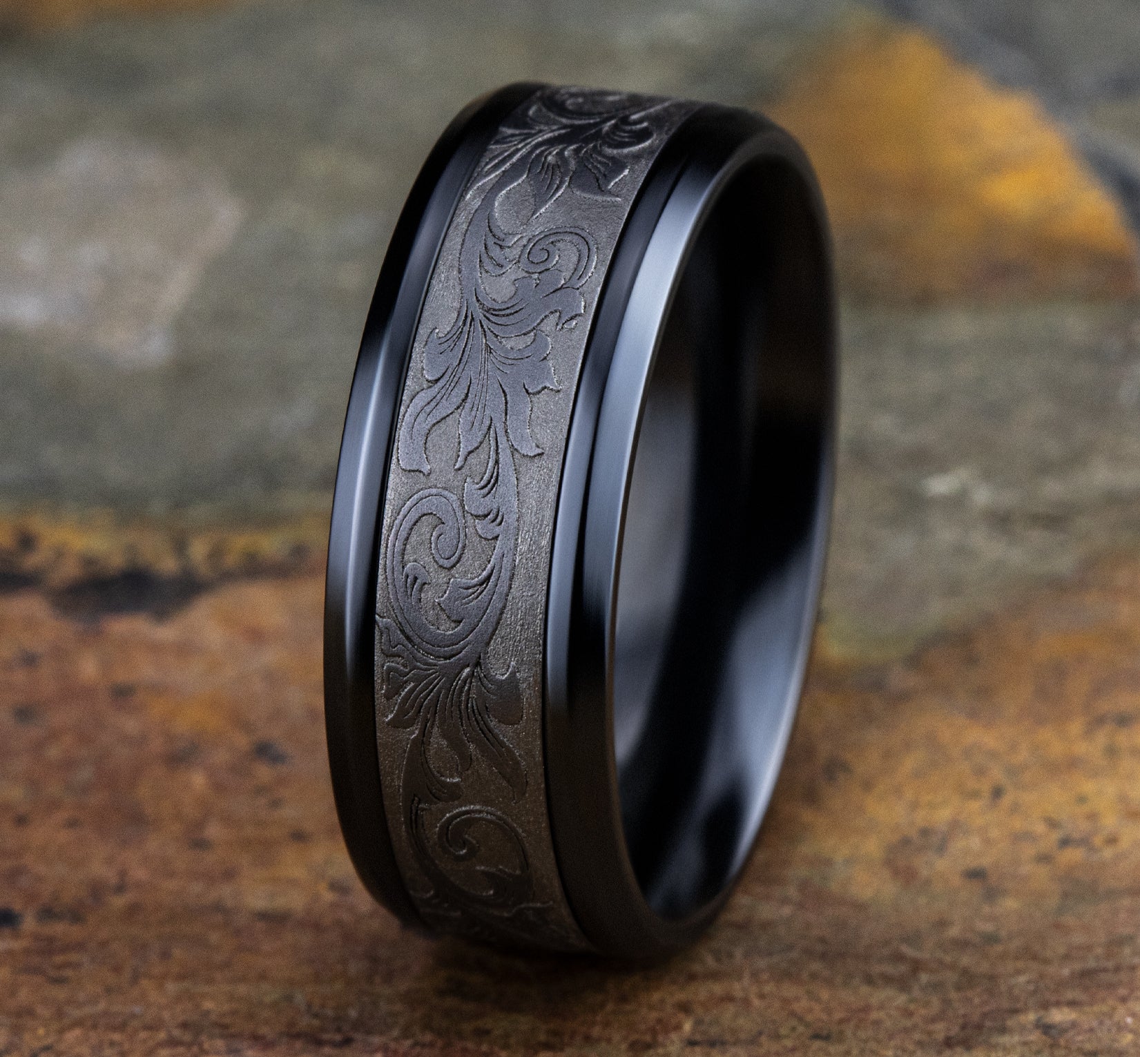 THE ROYAL 8mm, Comfort fit, Black Titanium and Grey Tantalum, Vintage script pattern, polished drop bevel edges