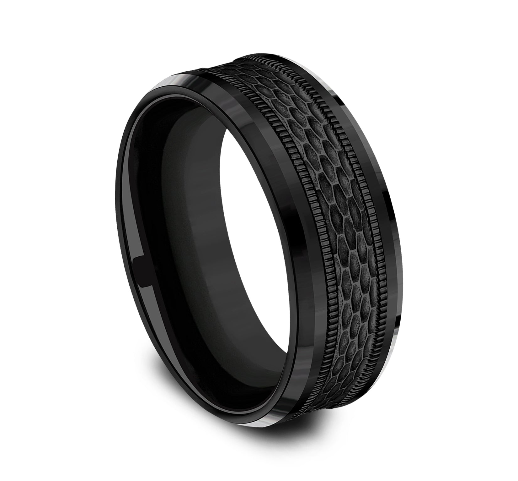 THE ATHLETE 8mm, Comfort fit, Black Titanium, Mesh pattern with milgrain detail, polished bevel edges