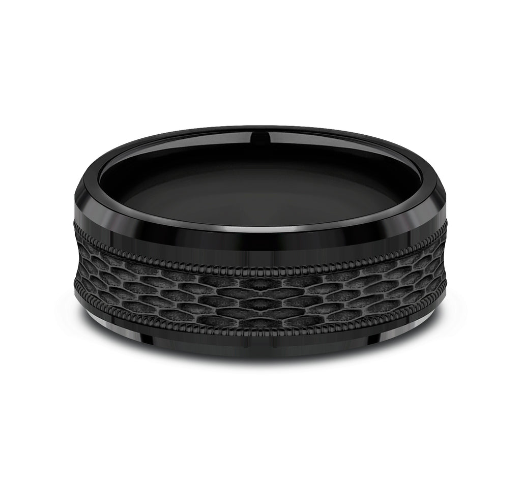 THE ATHLETE 8mm, Comfort fit, Black Titanium, Mesh pattern with milgrain detail, polished bevel edges