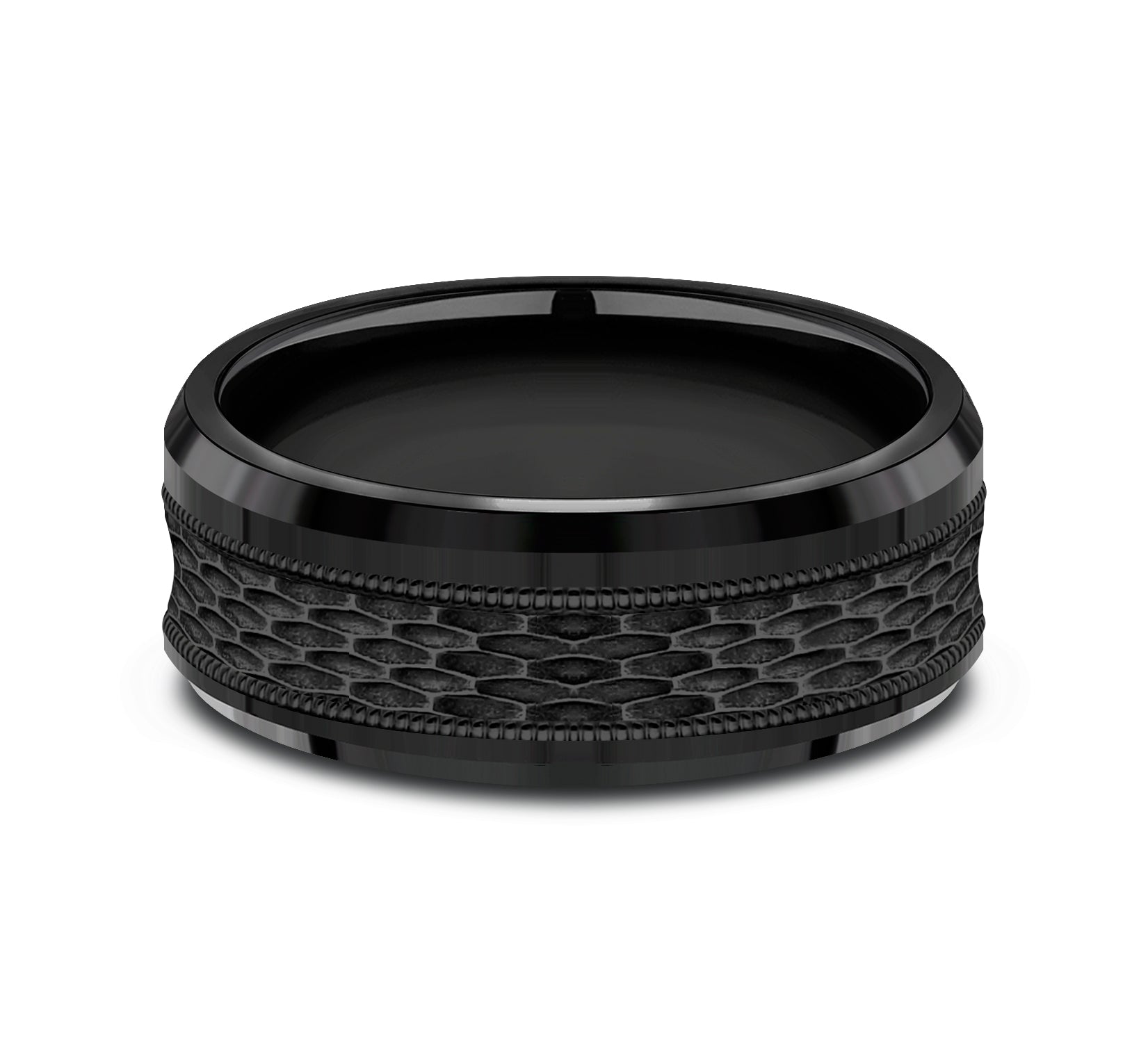 THE ATHLETE 8mm, Comfort fit, Black Titanium, Mesh pattern with milgrain detail, polished bevel edges