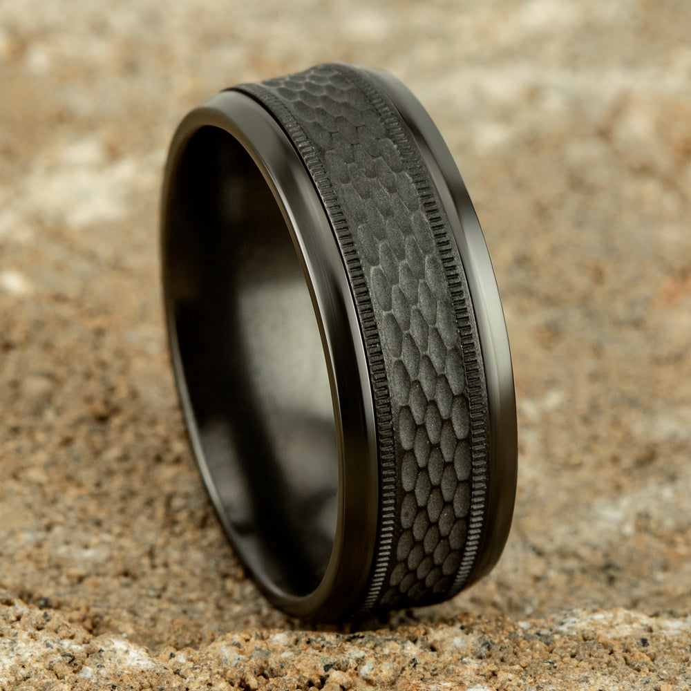 THE ATHLETE 8mm, Comfort fit, Black Titanium, Mesh pattern with milgrain detail, polished bevel edges
