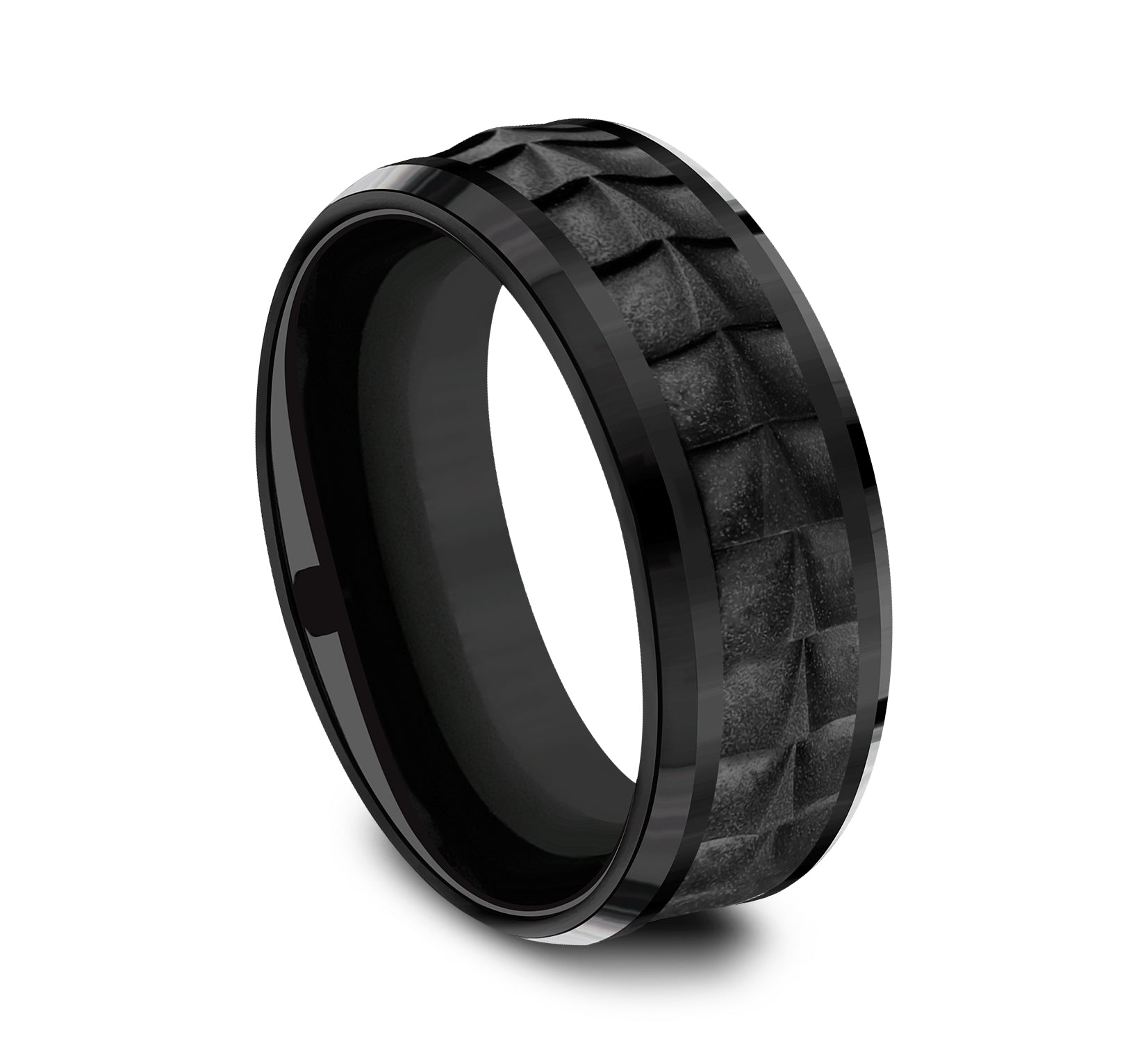 THE DUNDEE 8mm, Comfort fit, Black Titanium, Crocodile skin patterned center, polished bevel edges