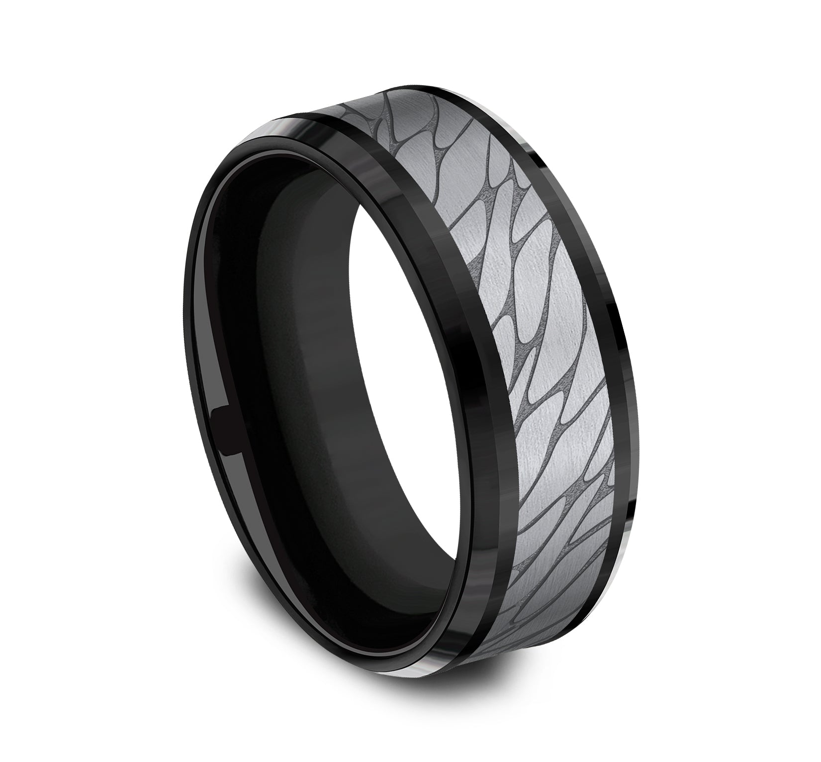 THE DINO 8mm, Comfort fit, Black Titanium and Grey Tantalum, Pebble patterned center, bevel edges