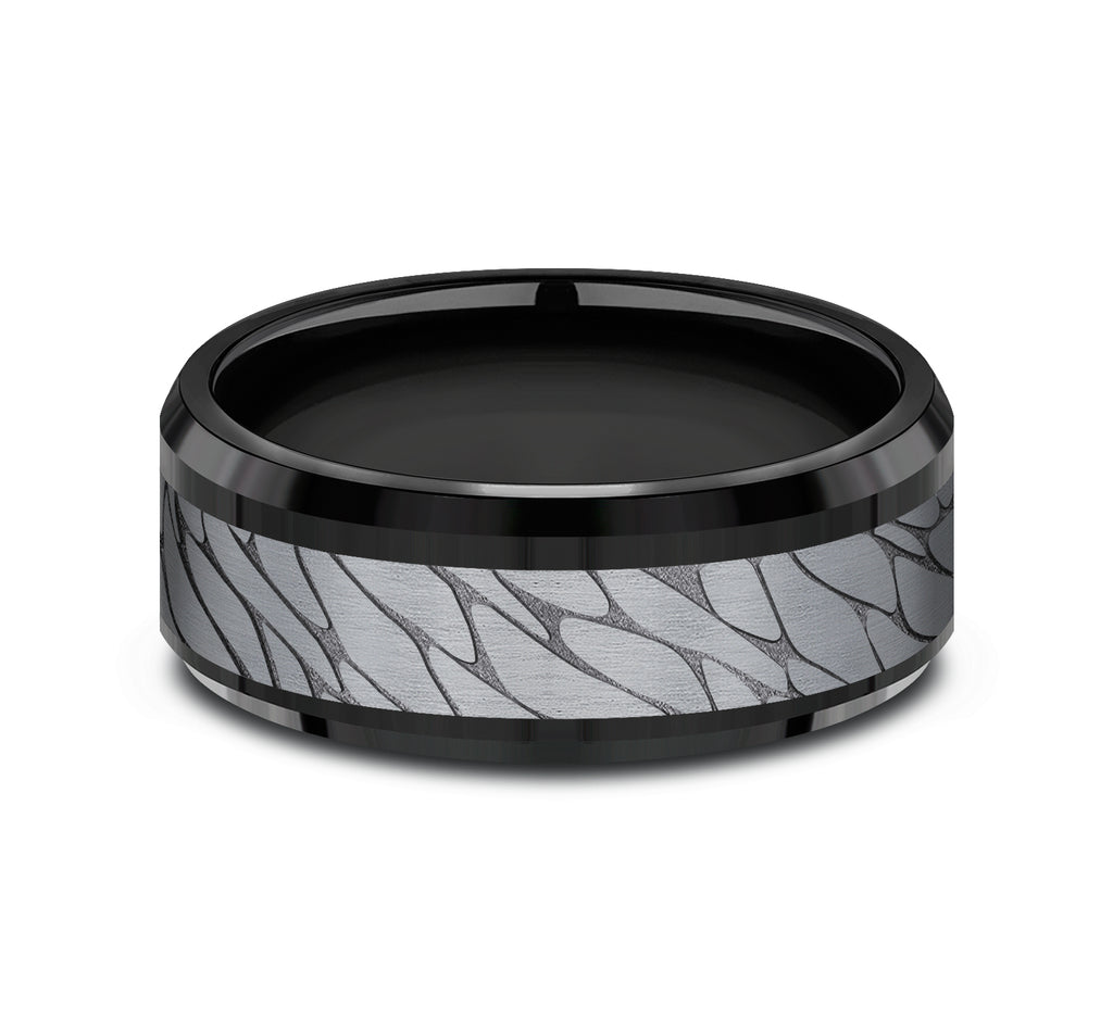 THE DINO 8mm, Comfort fit, Black Titanium and Grey Tantalum, Pebble patterned center, bevel edges